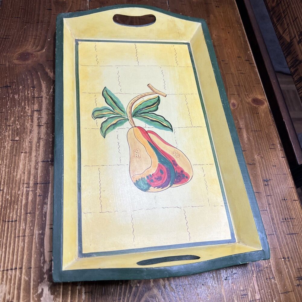 Vintage Wooden Serving Tray  Platter Hand Painted Pears Made In India